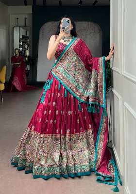 Pink Printed Silk Lehenga Set