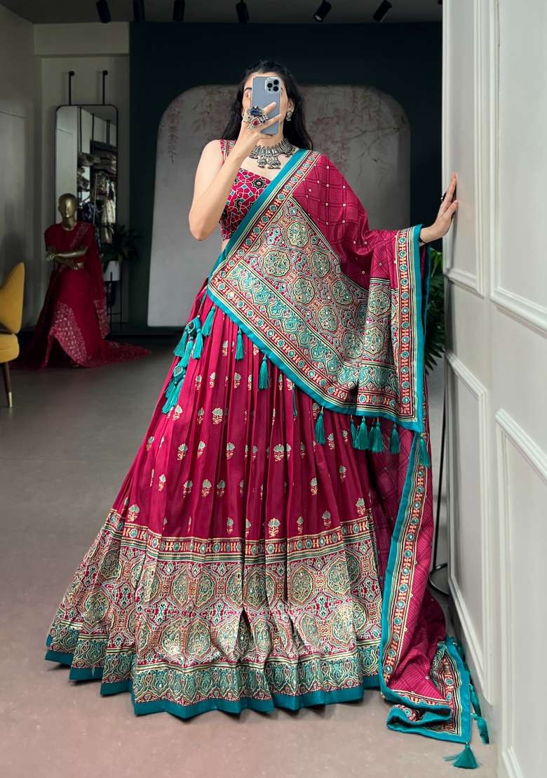 Pink Printed Silk Lehenga Set - Indya