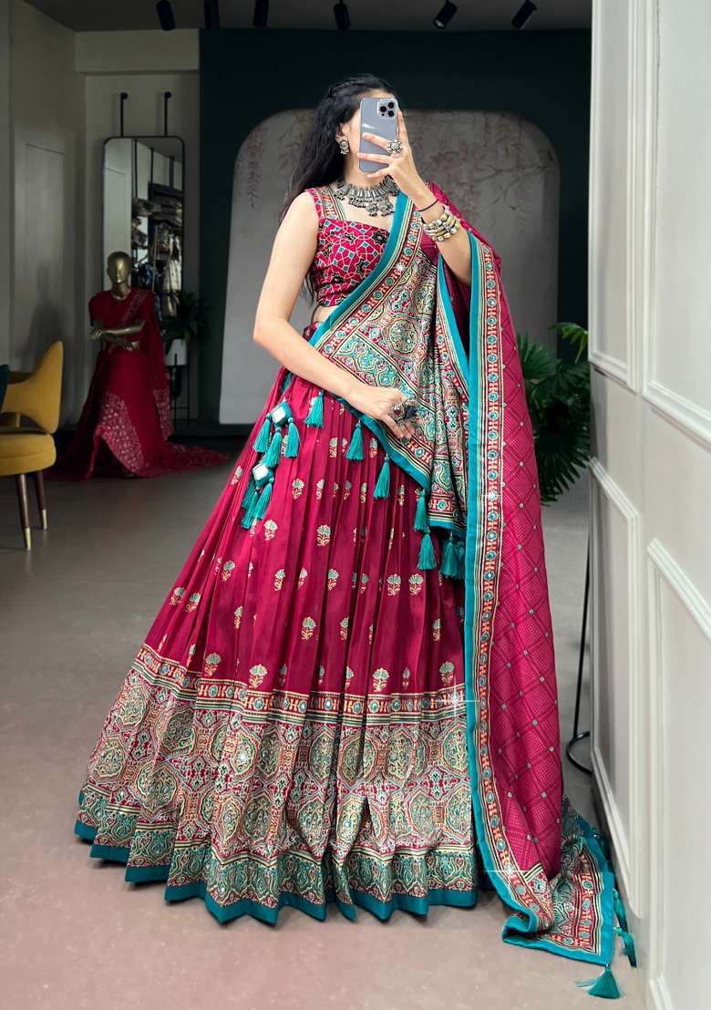 Pink Printed Silk Lehenga Set - Indya