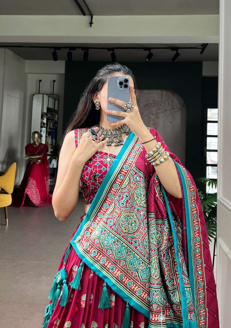 Pink Printed Silk Lehenga Set - Indya
