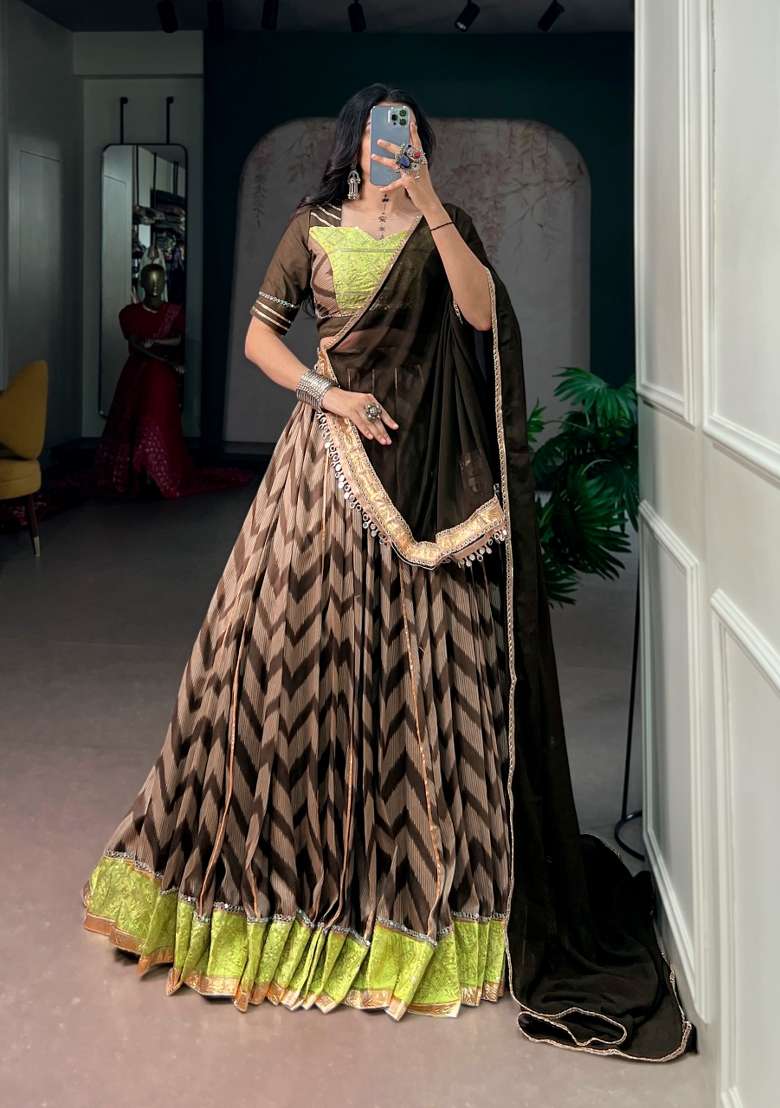 Mehendi Mirror Work Silk Lehenga Set - Indya