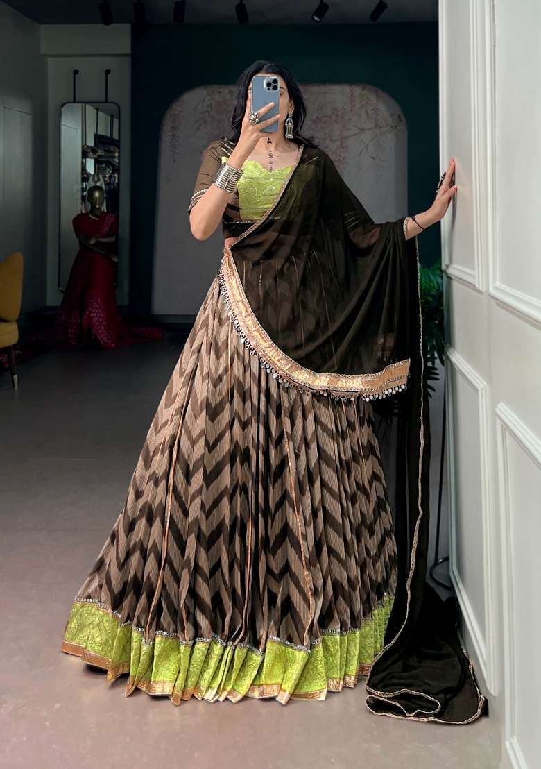 Mehendi Mirror Work Silk Lehenga Set - Indya
