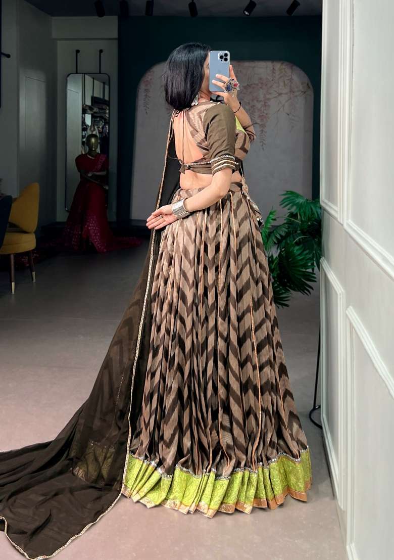 Mehendi Mirror Work Silk Lehenga Set - Indya