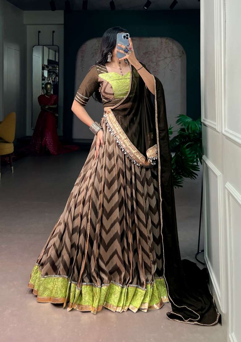 Mehendi Mirror Work Silk Lehenga Set - Indya