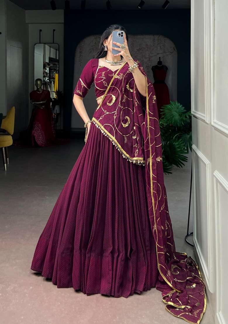 Wine Embroidery  Lehenga Set - Indya