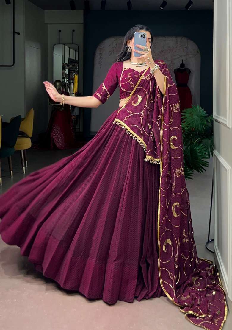 Wine Embroidery  Lehenga Set - Indya