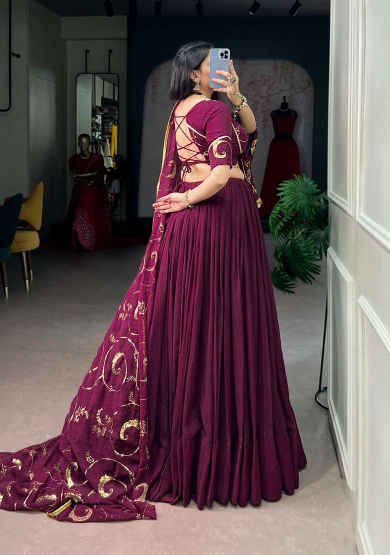 Wine Embroidery  Lehenga Set - Indya