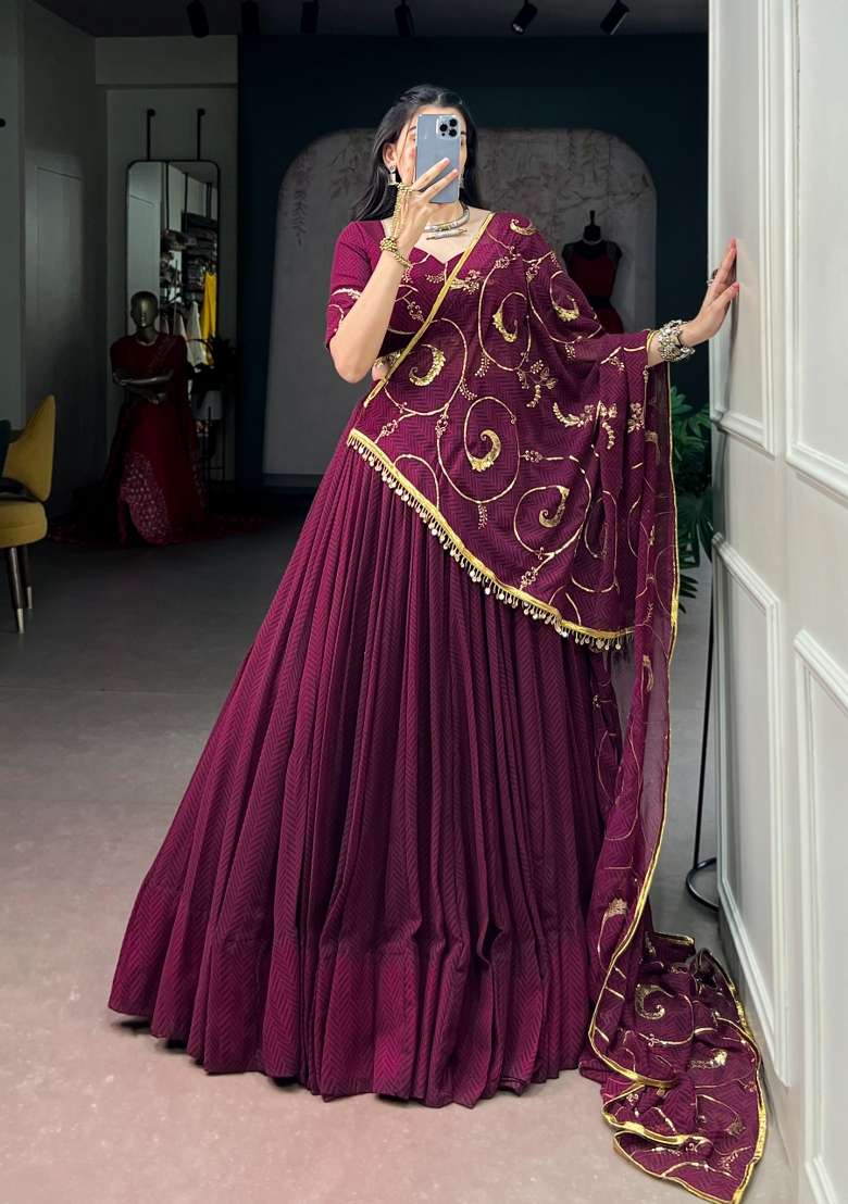 Wine Embroidery  Lehenga Set - Indya