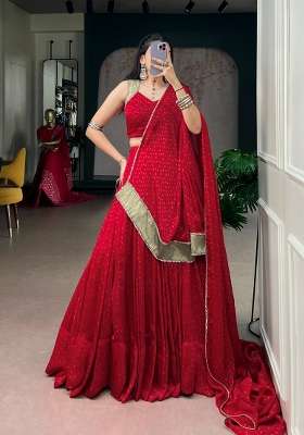 Red Printed Satin Lehenga Set