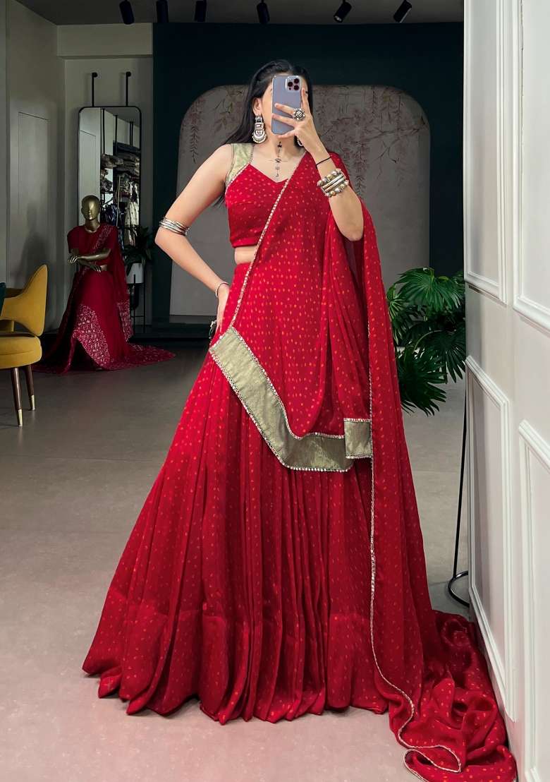 Red Printed Satin Lehenga Set - Indya