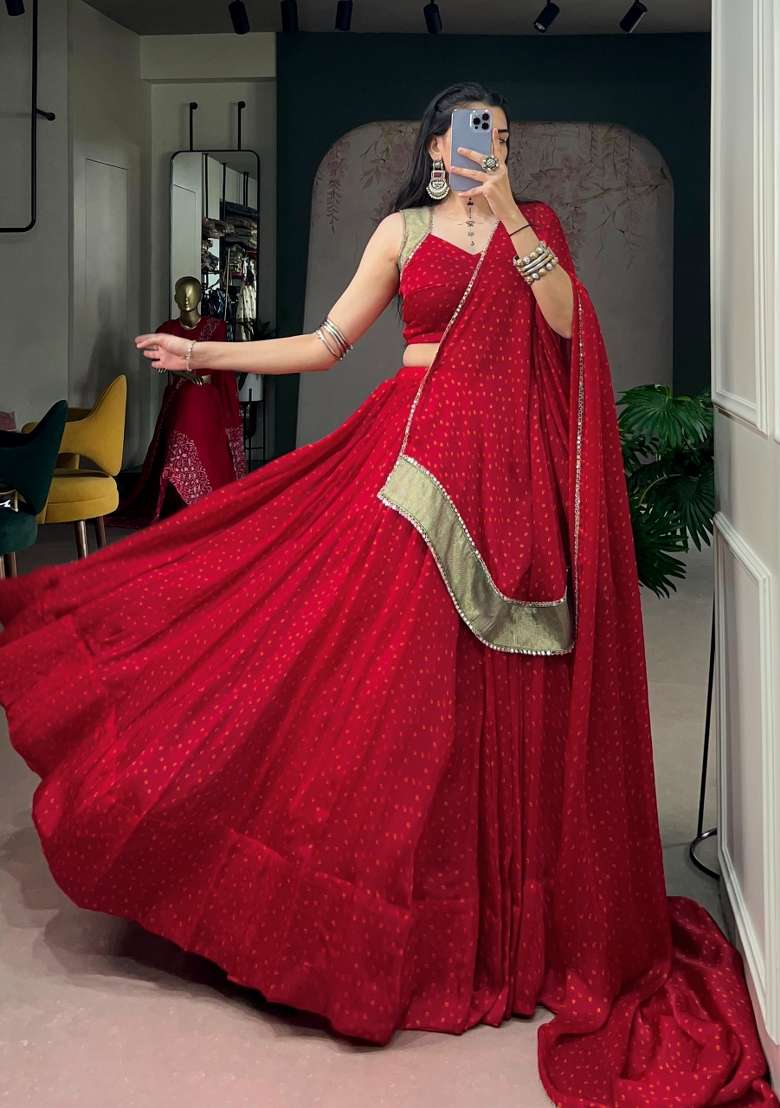 Red Printed Satin Lehenga Set - Indya