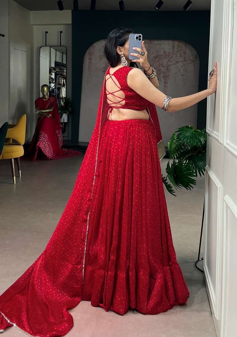 Red Printed Satin Lehenga Set - Indya