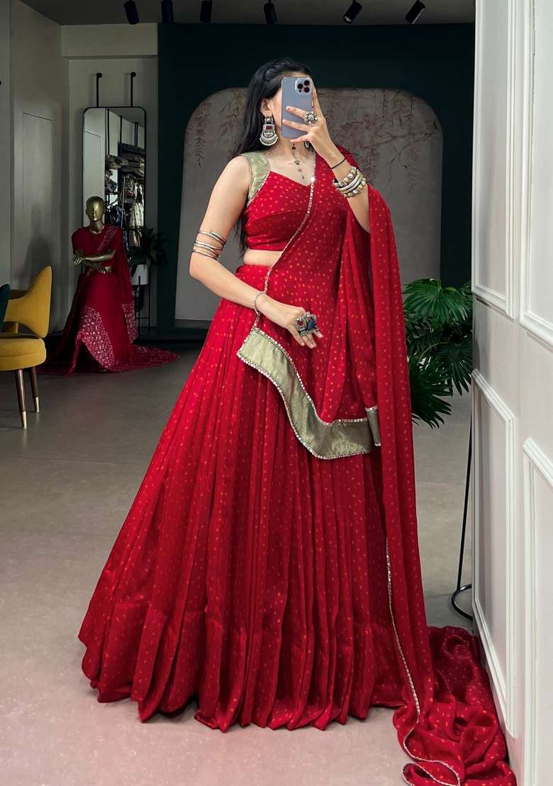Red Printed Satin Lehenga Set - Indya