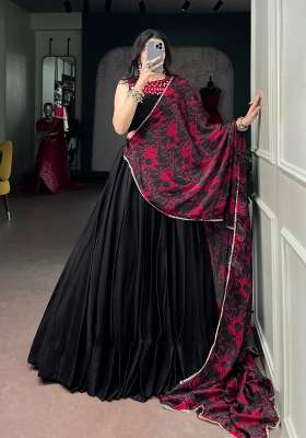 Black Printed Silk Lehenga Set