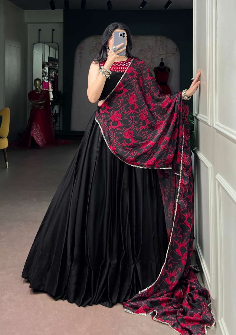 Black Printed Silk Lehenga Set - Indya