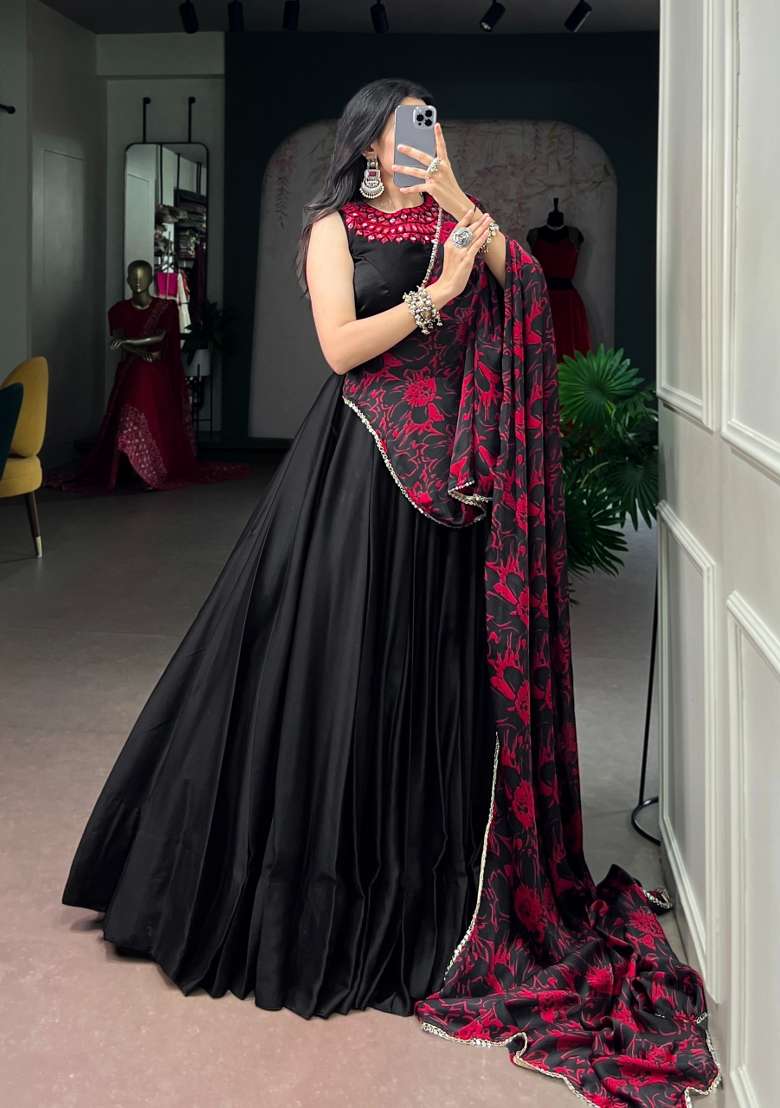 Black Printed Silk Lehenga Set - Indya
