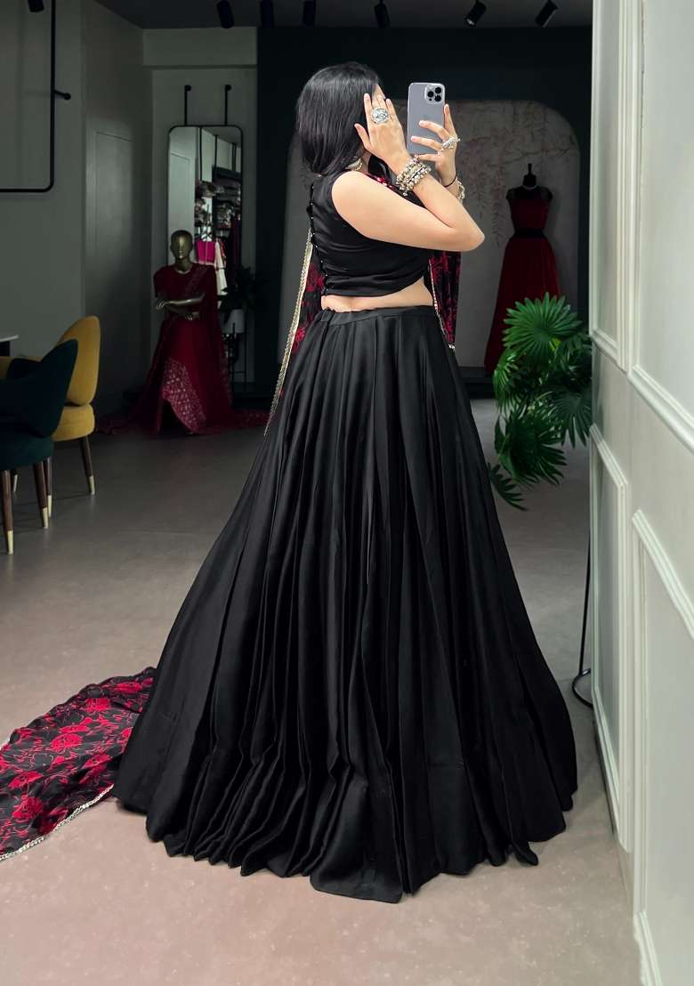 Black Printed Silk Lehenga Set - Indya