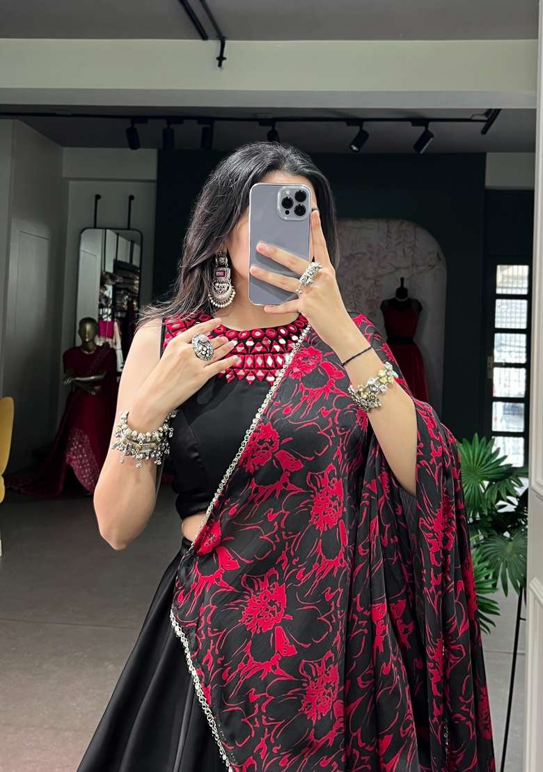 Black Printed Silk Lehenga Set - Indya