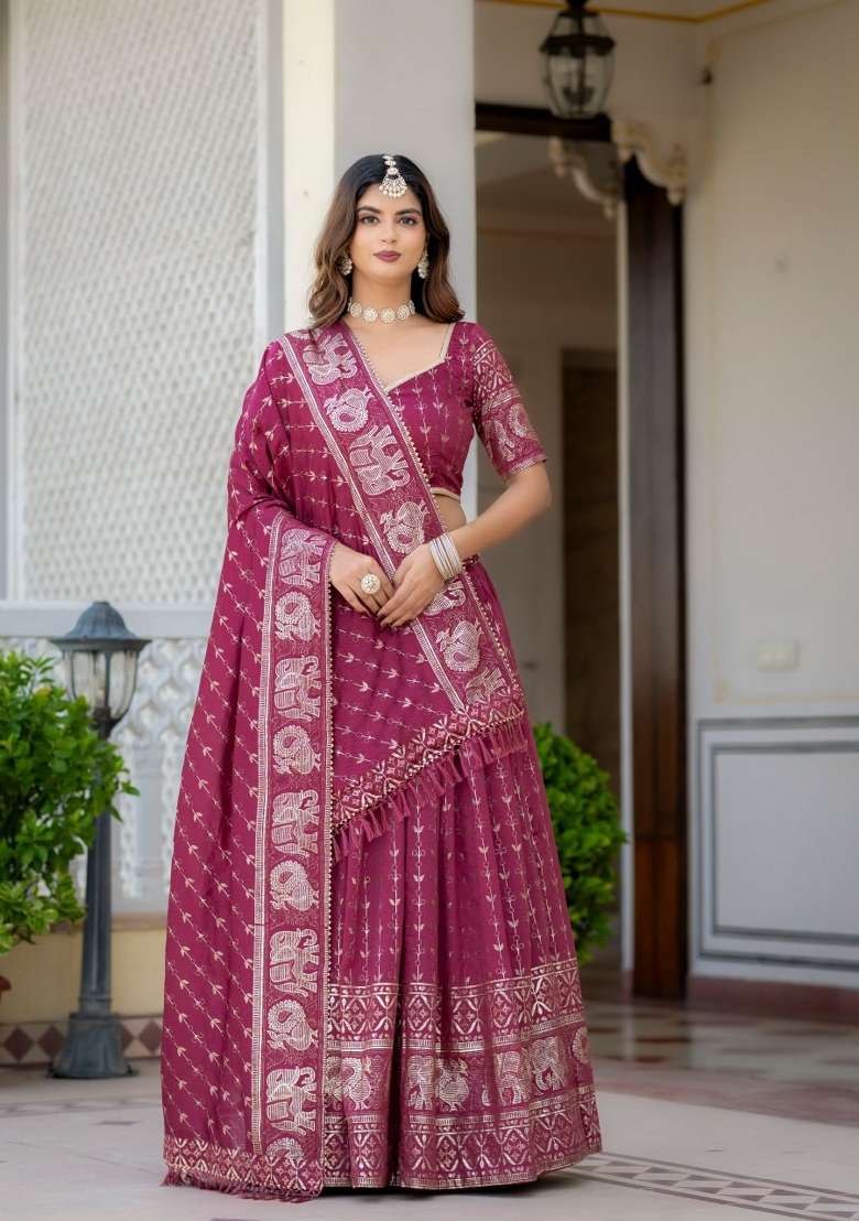 Magenta Embroidered Silk Lehenga Set - Indya