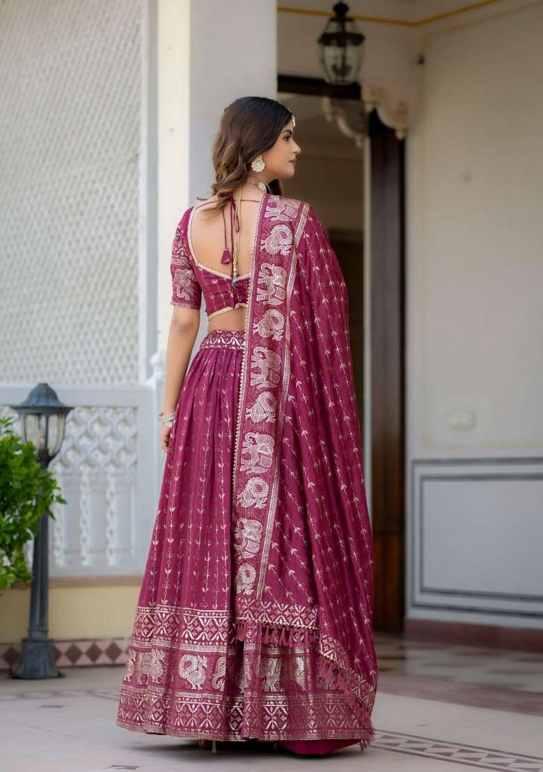 Magenta Embroidered Silk Lehenga Set - Indya
