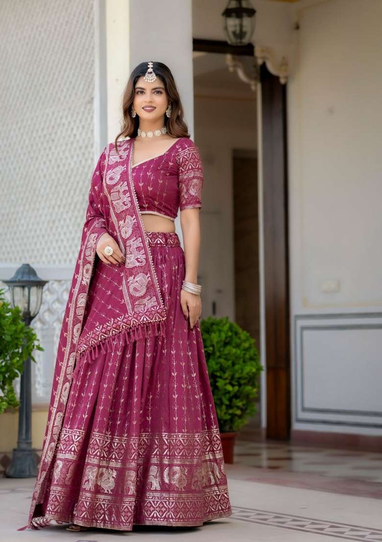 Magenta Embroidered Silk Lehenga Set - Indya