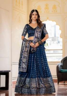 Navy Blue Embroidered Silk Lehenga Set