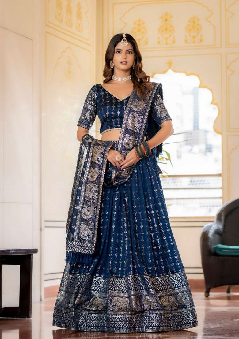 Navy Blue Embroidered Silk Lehenga Set - Indya