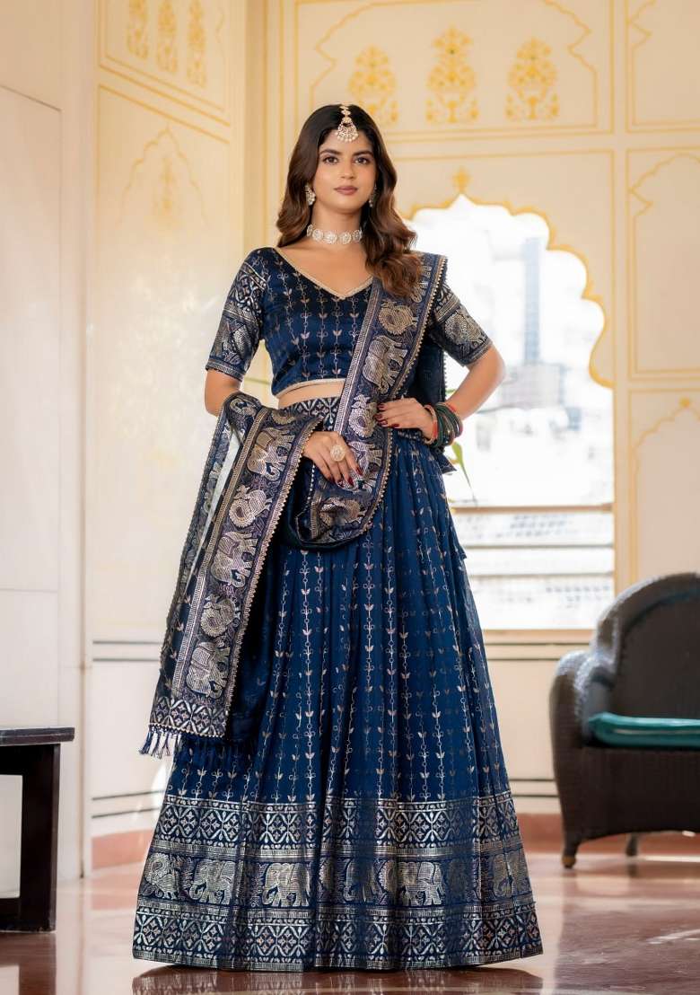Navy Blue Embroidered Silk Lehenga Set - Indya
