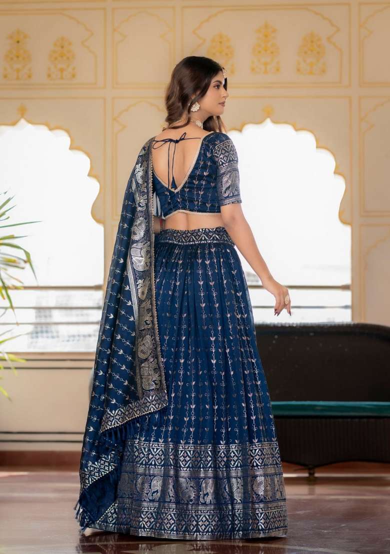 Navy Blue Embroidered Silk Lehenga Set - Indya