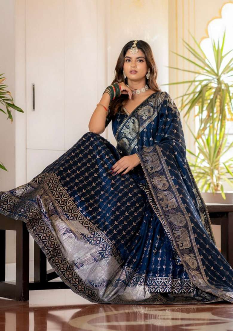 Navy Blue Embroidered Silk Lehenga Set - Indya