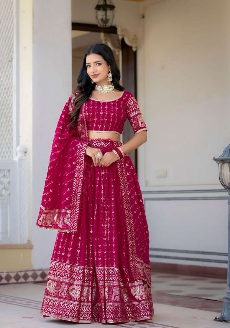 Rani Pink Embroidered Silk Lehenga Set - Indya