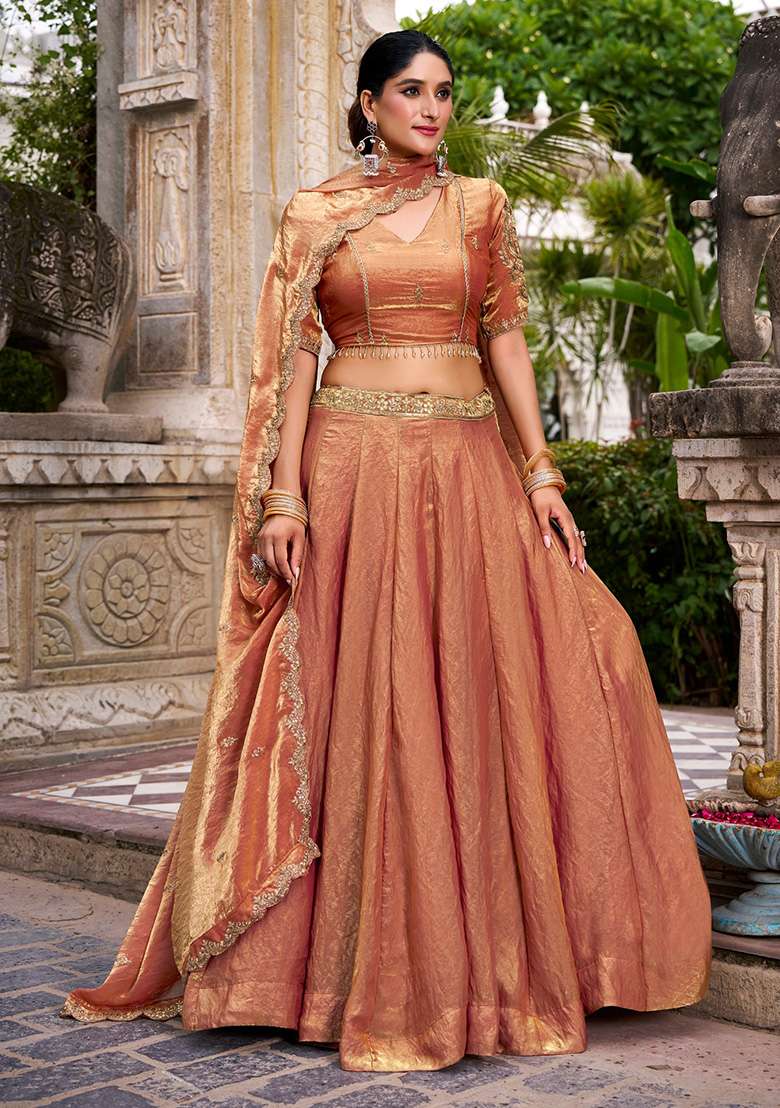 Orange Embroidered Fendi Lehenga Set - Indya