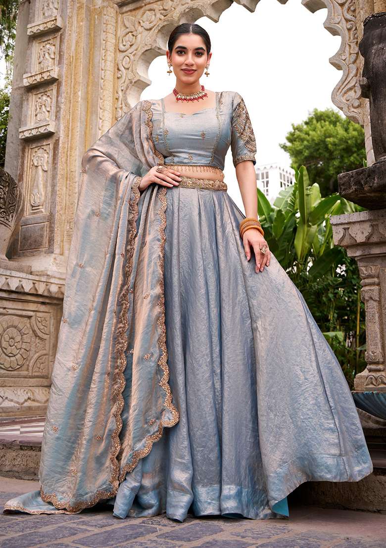 Blue Embroidered Fendi Lehenga Set - Indya