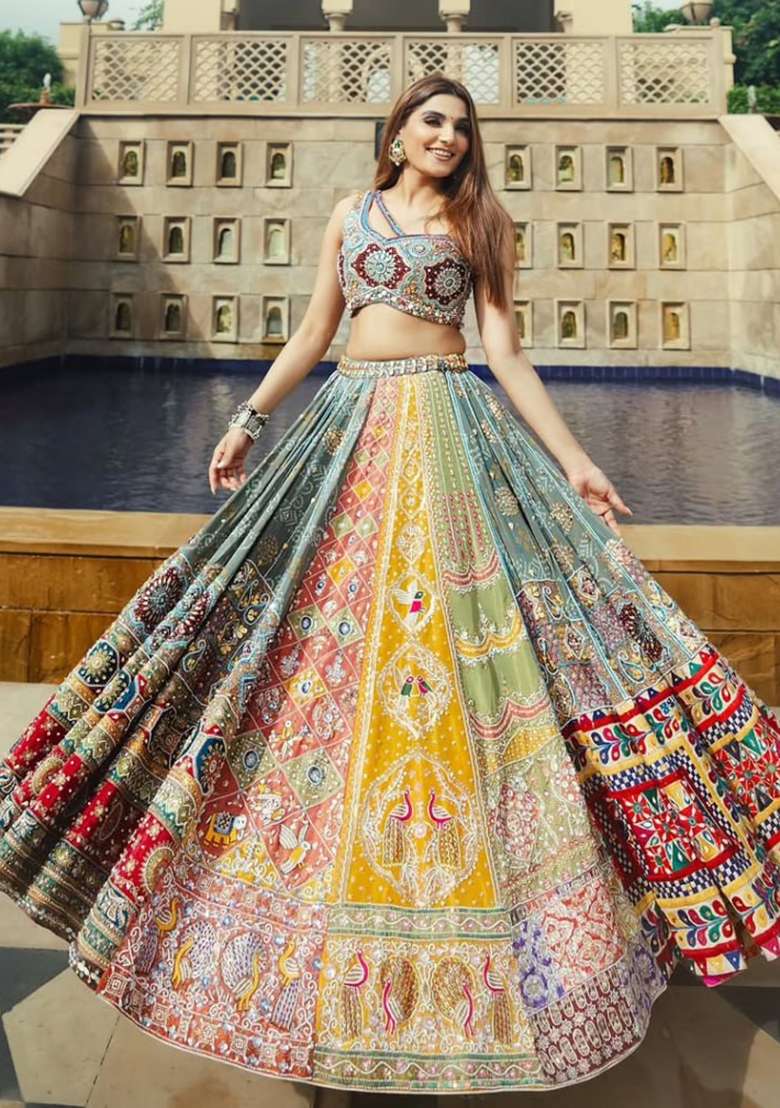 Multicolor Printed Silk Lehenga Set - Indya