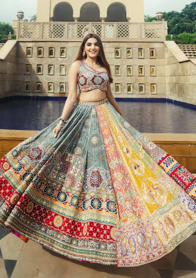 Multicolor Printed Silk Lehenga Set - Indya