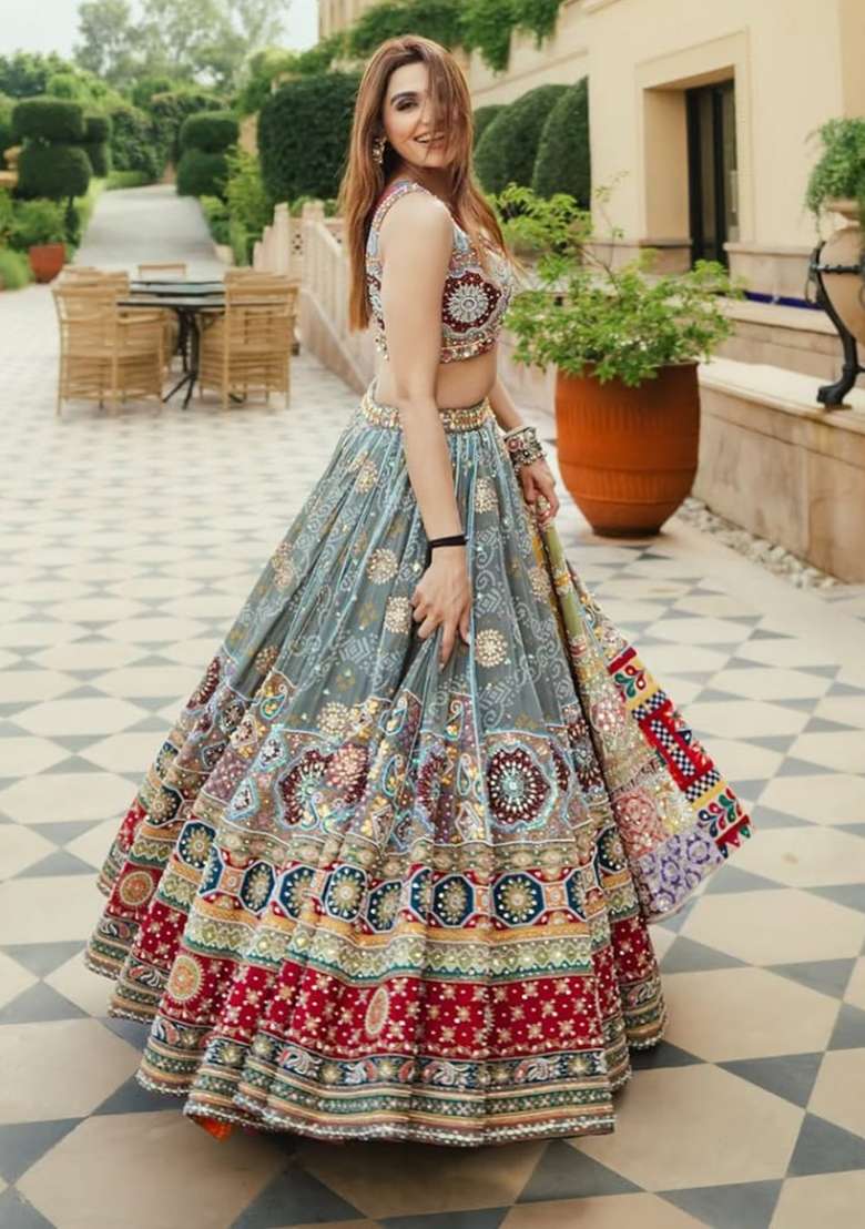 Multicolor Printed Silk Lehenga Set - Indya