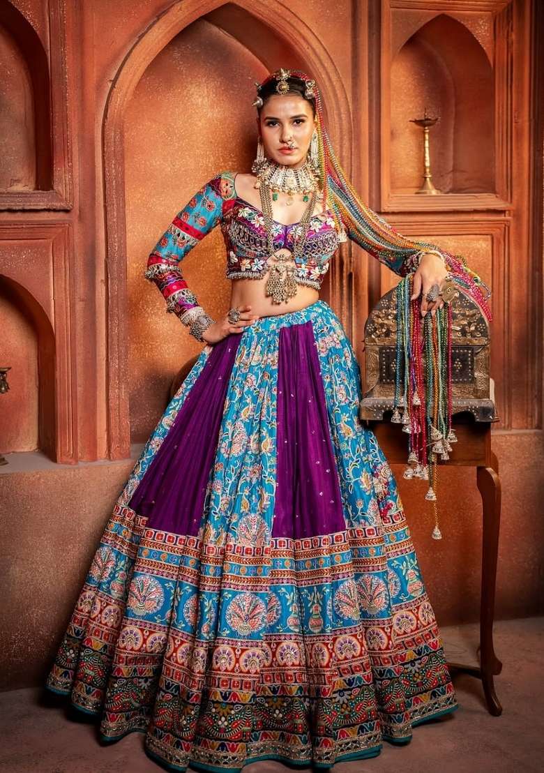 Sky Blue Printed Silk Lehenga Set - Indya
