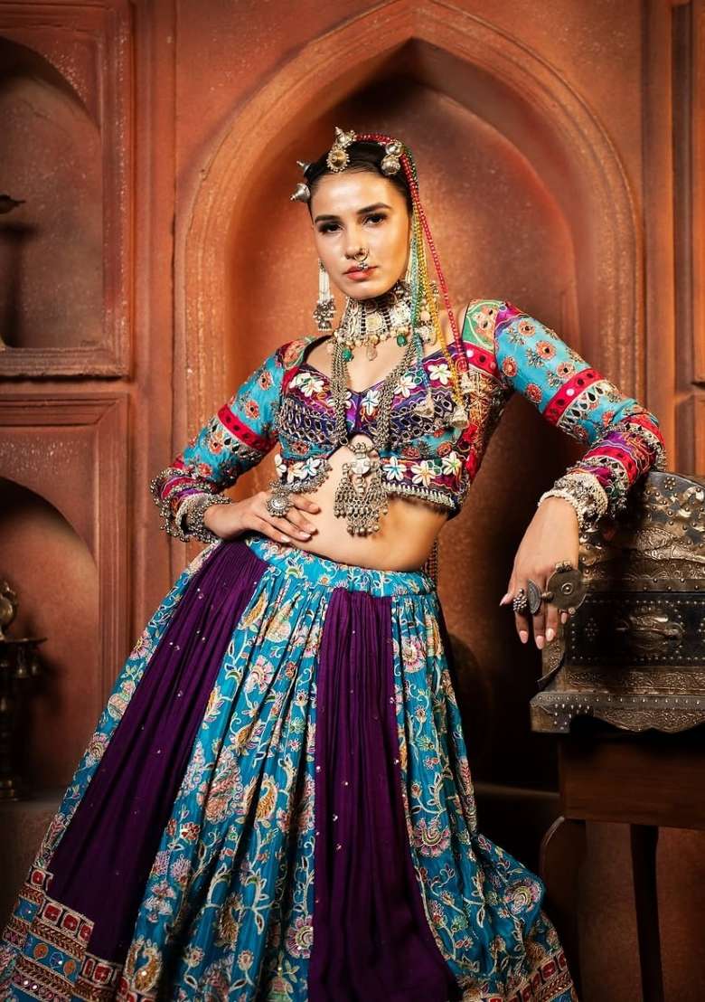 Sky Blue Printed Silk Lehenga Set - Indya