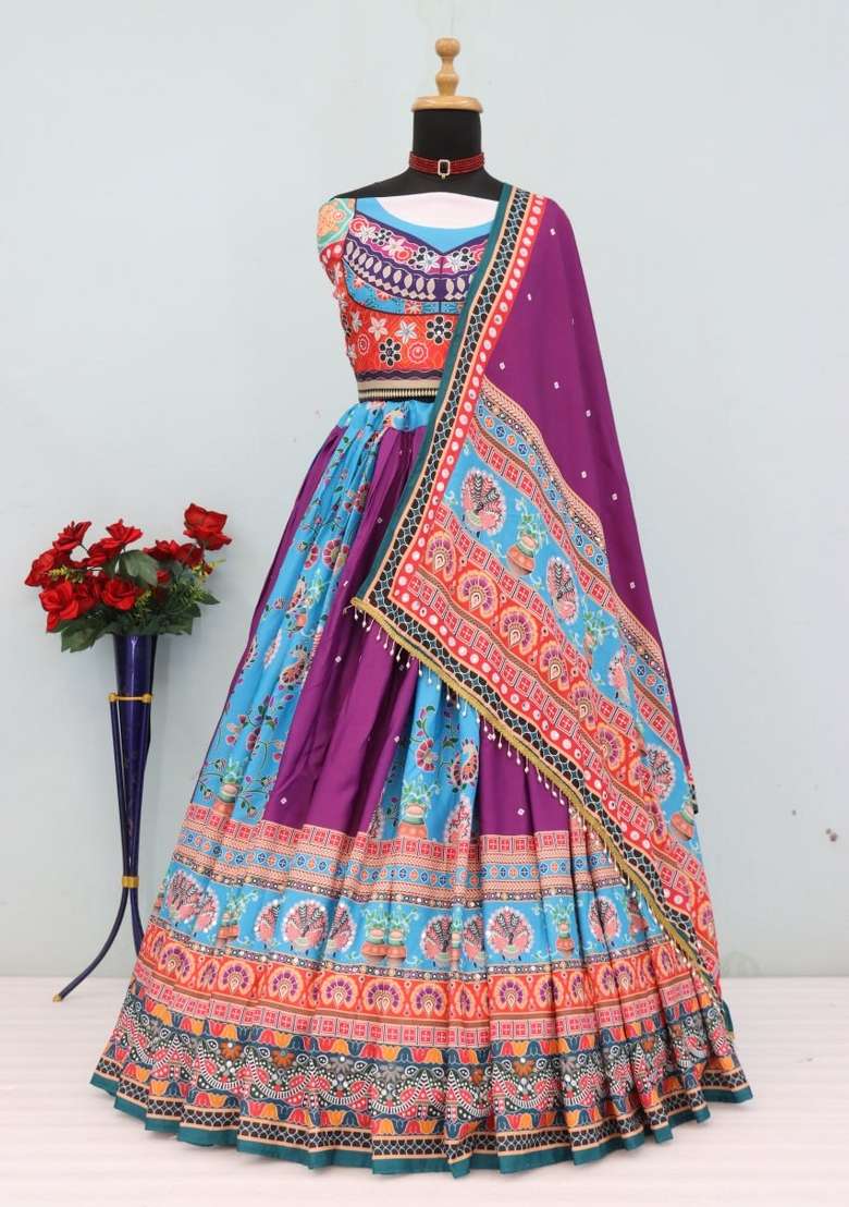 Sky Blue Printed Silk Lehenga Set - Indya