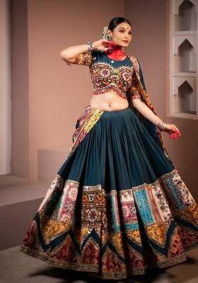 Teal Blue Printed Silk Lehenga Set