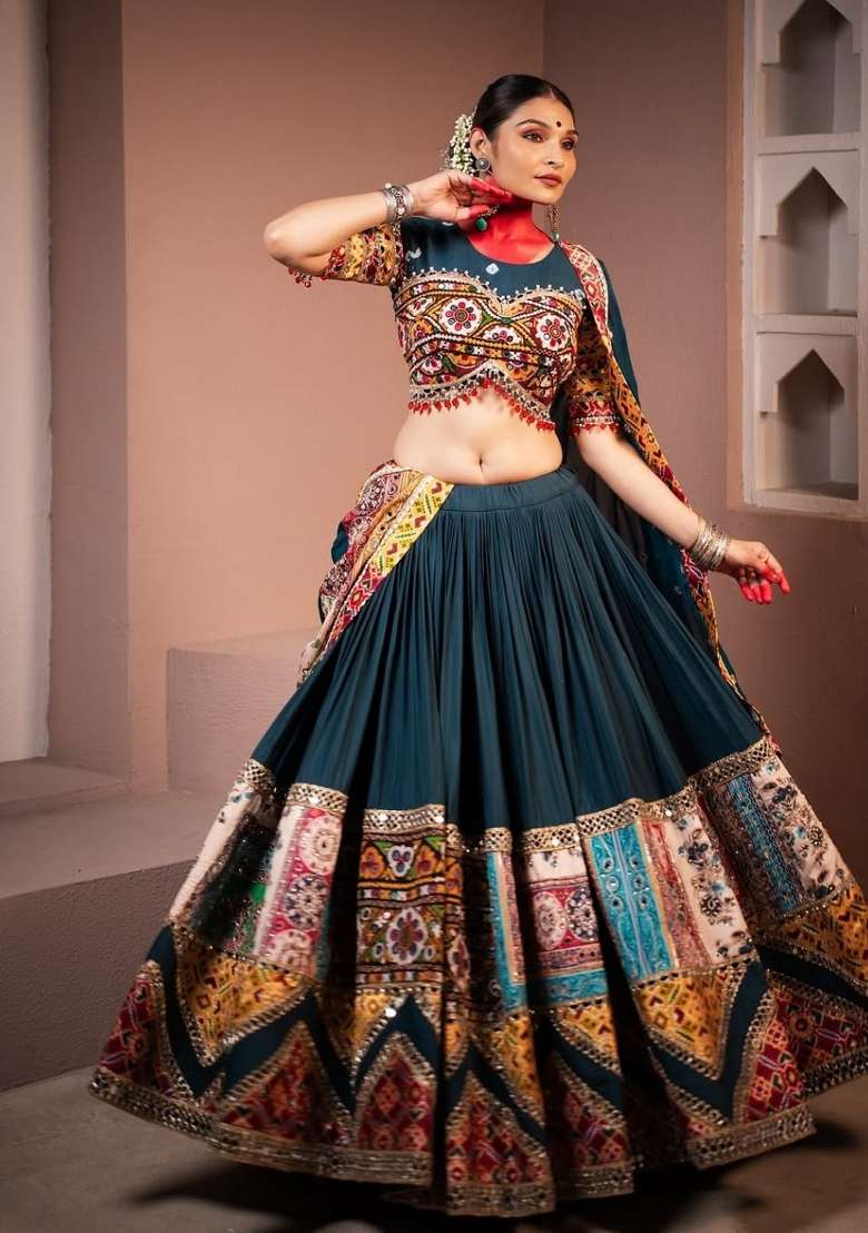 Teal Blue Printed Silk Lehenga Set - Indya