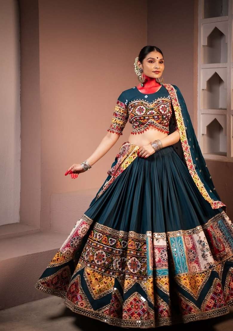 Teal Blue Printed Silk Lehenga Set - Indya
