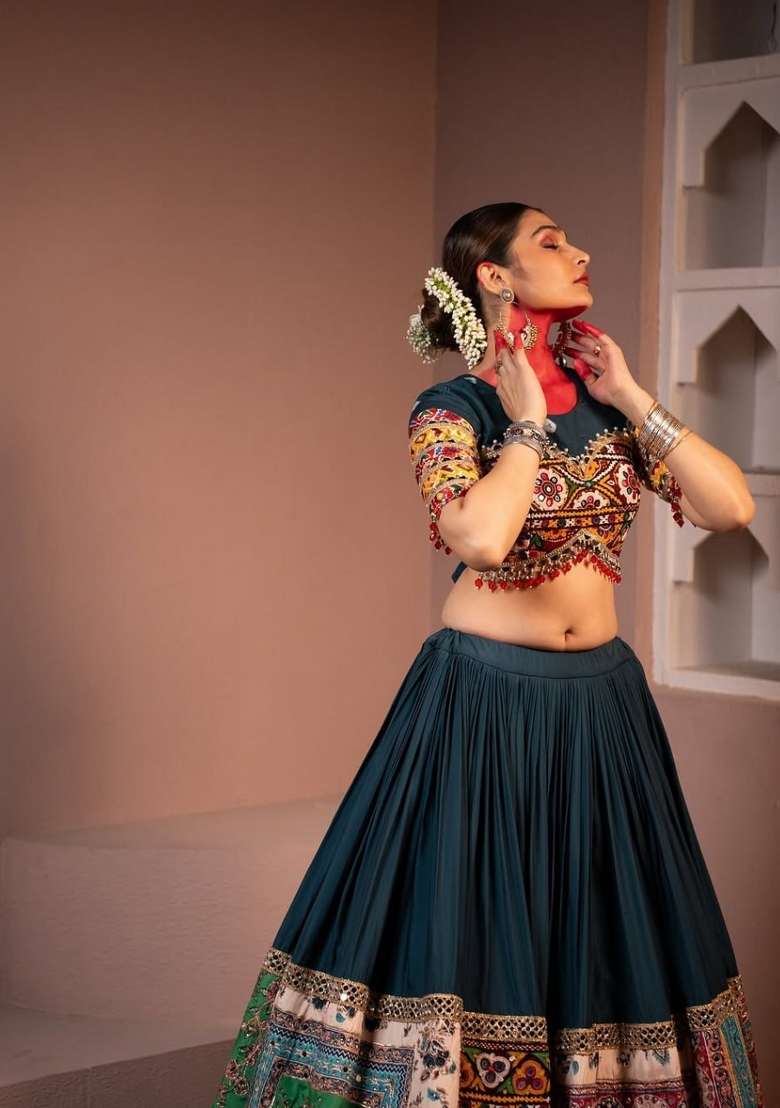 Teal Blue Printed Silk Lehenga Set - Indya