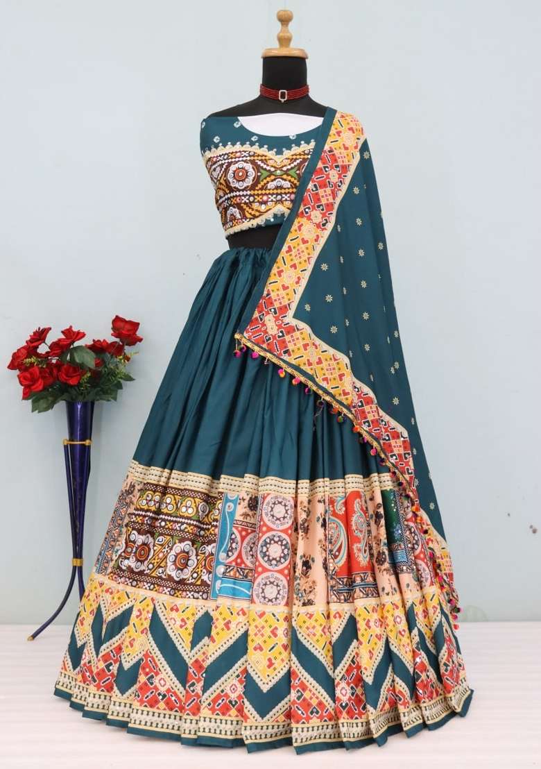 Teal Blue Printed Silk Lehenga Set - Indya