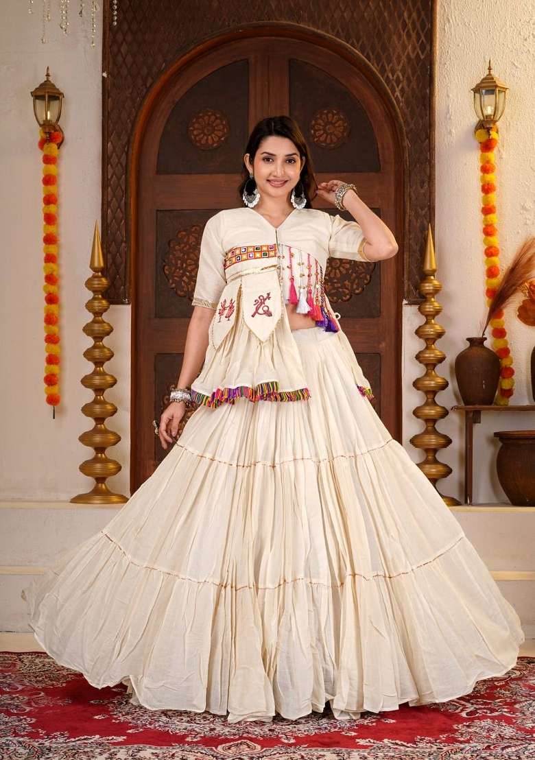 Off White Printed Cotton Lehenga Set - Indya