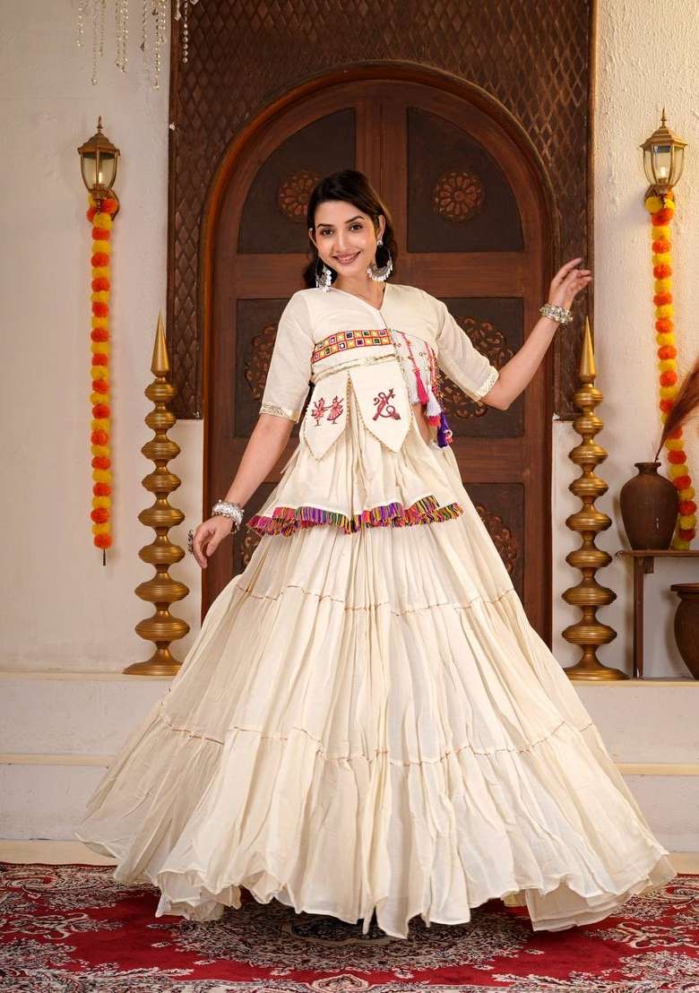 Off White Printed Cotton Lehenga Set - Indya