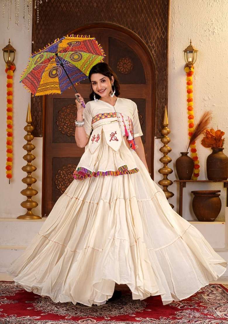 Off White Printed Cotton Lehenga Set - Indya