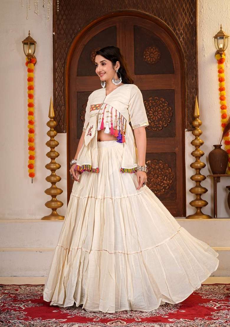 Off White Printed Cotton Lehenga Set - Indya