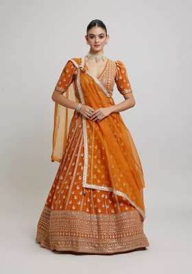 Orange Embroidered Georgette Lehenga Set