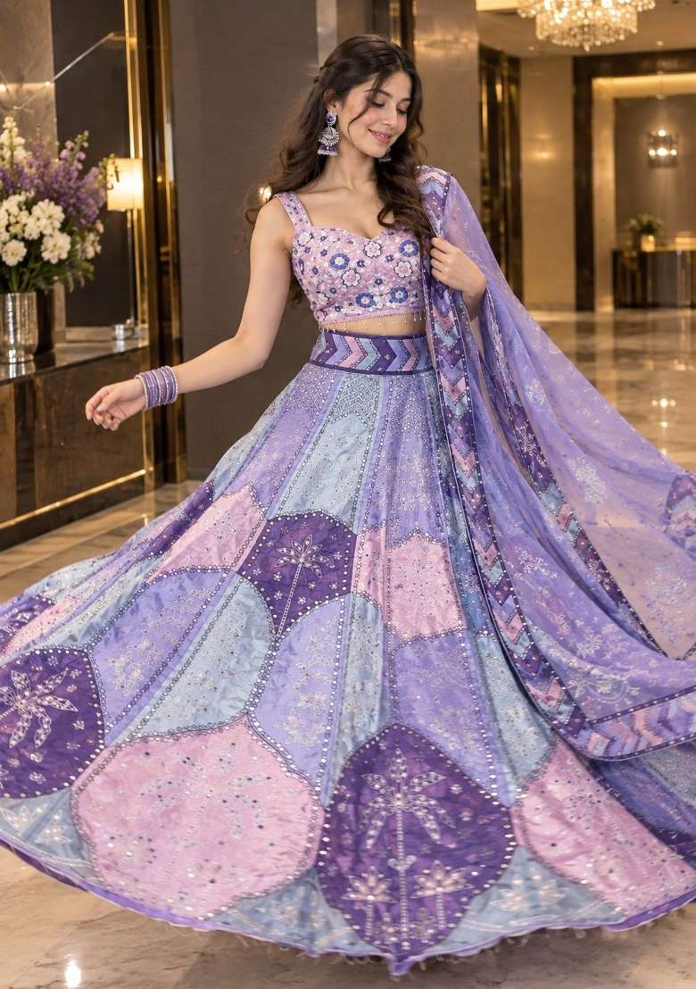Pink Printed Chinon Lehenga Set - Indya